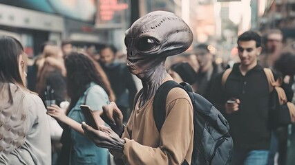Alien exploring city sidewalk, wearing streetwear and checking mobile device among bustling pedestrian crowd - Powered by Adobe
