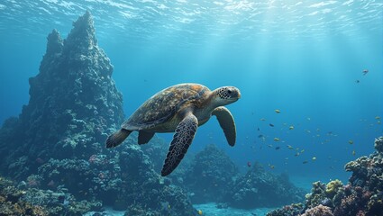 Naklejka premium Graceful sea turtle near underwater mountain surrounded by coral and fish