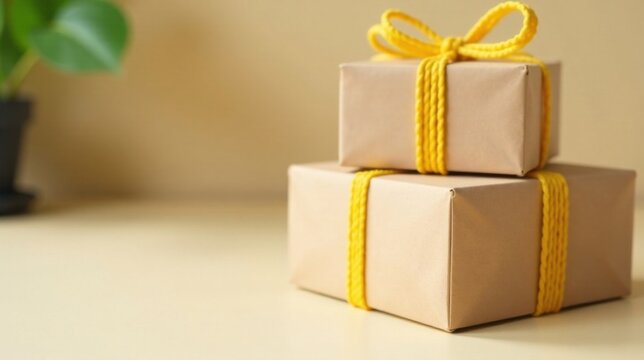Two delicately wrapped presents tied with cheerful yellow string sit on a pale surface near an out-of-focus leafy plant