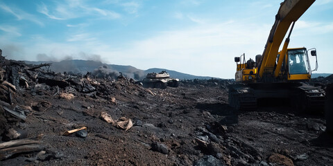 Obraz premium Excavator and Tank in Volcanic Debris Field