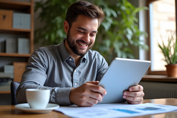 Reviewing a bar graph on a tablet at a desk, coffee nearby