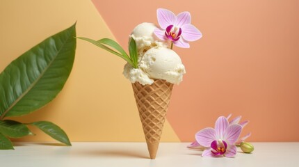 Delicious Vanilla Ice Cream Cone Decorated With Flowers in a Warm and Inviting Setting