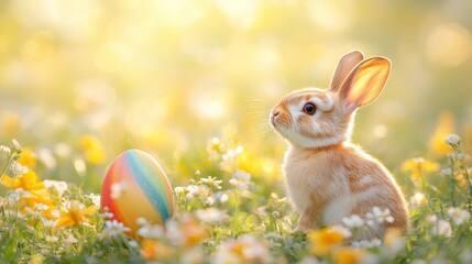 A cute bunny sits beside a colorful Easter egg, surrounded by blooming flowers in a sunny field, evoking a joyful spring atmosphere.