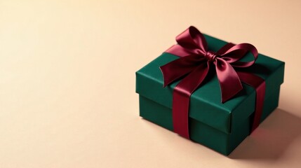 Obraz premium A luxuriously wrapped emerald green gift box with a deep burgundy satin ribbon, perfect for a special occasion.
