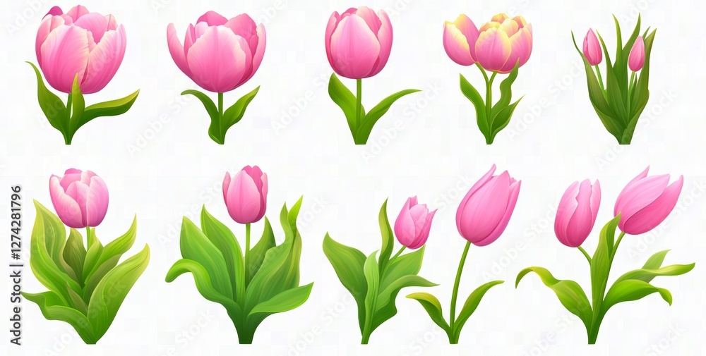 Poster Elegant watercolor designs of soft pink and red tulips, part of a spring collection of hand-drawn botanical plant illustrations, are available as stock images on a transparent background