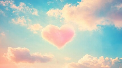 A heart is floating in the sky above a blue and white background
