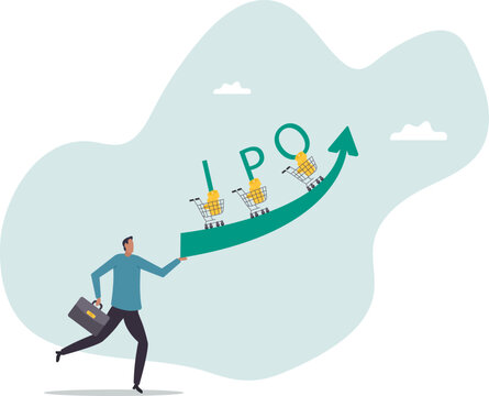 New stock IPO, initial public offering company going public to trade in stock exchange market.business concept.flat character.