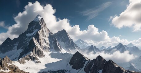 Fototapeta premium Dense white clouds drifting lazily above towering alpine peaks , wilderness area, mountainous terrain, alpine landscape