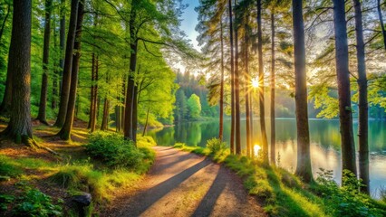 Obraz premium Dense forest trail surrounded by tall trees and vibrant green foliage leading to a serene lake at sunrise, nature, outdoor, sunrise