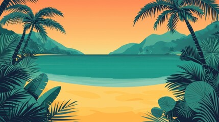 Fototapeta premium Serene Tropical Beach at Sunset with Lush Green Palms and Mountains