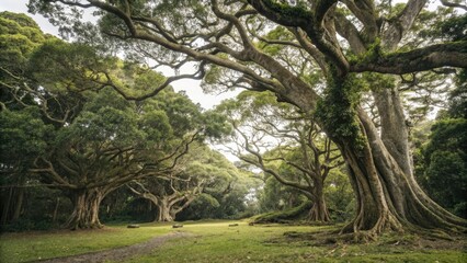 Dense foliage of ancient trees with gnarled trunks and twisted branches, wildlife habitat, wildflowers, greenery, leafy greens