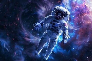 Fototapeta premium Portrait of Astronaut Posing in a Space Suit During a Spacewalk Mission on a Spaceship. Neural network ai generated