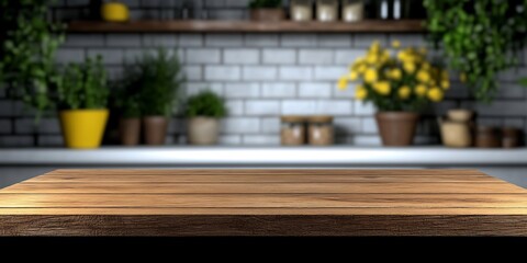 Fototapeta premium wooden table with soft blurred kitchen background
