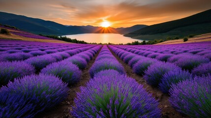 Vibrant lavender fields bloom at sunset overlooking tranquil waters and majestic mountains