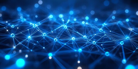 Fototapeta premium Abstract Blue Network Connections Digital Background with Interconnected Nodes and Vibrant Bokeh
