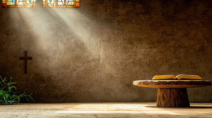 A serene, softly lit interior featuring a wooden table with an open book, a cross on the wall, and gentle light streaming through stained glass windows.