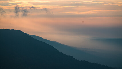Experience Peaceful Beauty of Mountain Landscape: Scenic View of Sunset and Sunrise at the Peak,...