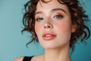 Fototapeta premium A beautiful young woman with curly hair and soft makeup, exuding a fresh and vibrant look against a blue background. Dazzling Beauty, Glistening Beauty, Sparkling Vision