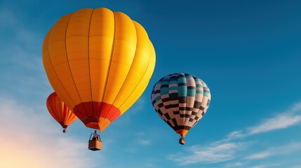 Naklejka premium Colorful hot air balloons gracefully ascend into a clear blue sky during a vibrant festival celebration