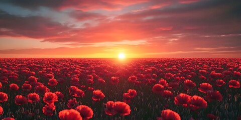 Breathtaking landscape of a poppy field at sunset with the sun dipping low on the horizon, casting a warm glow over the vibrant red flowers. Close-up of poppies on field against sky during sunset 