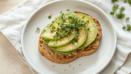A beautifully styled avocado toast on whole-grain bread, topped with microgreens and sesame seeds. The plate rests on a neutral linen napkin with soft, natural lighting emphasizing the textures and co