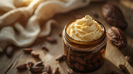 Creamy spread in a jar with cocoa beans and cloth creating a rustic, natural skincare aesthetic.