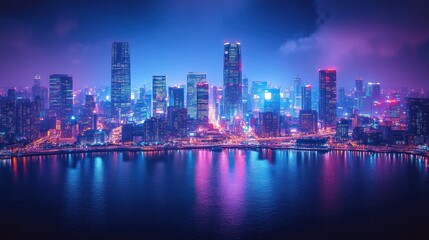 Fototapeta premium Vibrant city skyline at night with colorful lights reflecting on water, showcasing urban life