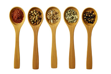 Five wooden spoons, each containing a different spice, arranged, isolated on a transparent background.