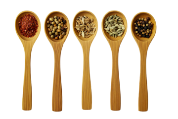 Five wooden spoons, each containing a different spice, arranged, isolated on a transparent background.