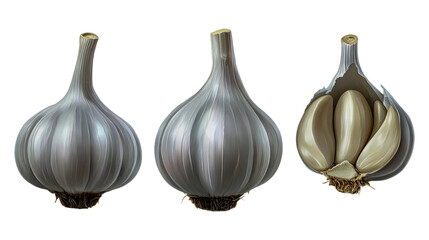 Obraz premium Garlic heads, one is whole and two of them are sliced in half, isolated on a transparent background.