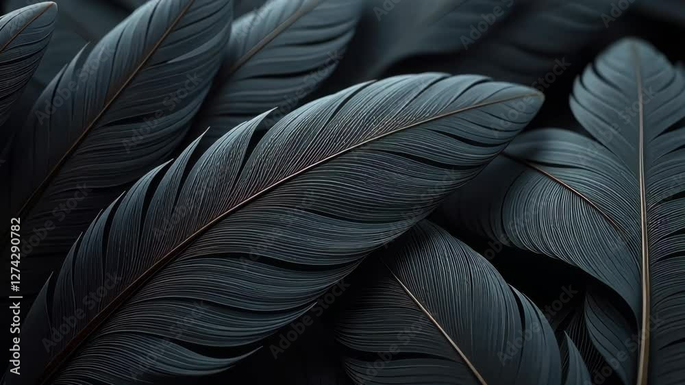 Poster A close up of black feathers. The feathers are black and have a shiny appearance. The feathers are arranged in a way that they look like they are overlapping each other