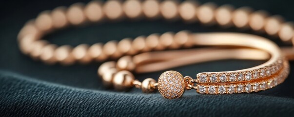 Fototapeta premium Elegant rose gold bracelet adorned with sparkling diamonds, elegantly displayed on a soft fabric background.