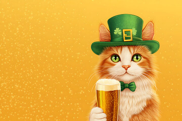 A playful orange cat wearing a green hat and bowtie, holding a beer against a festive yellow backdrop