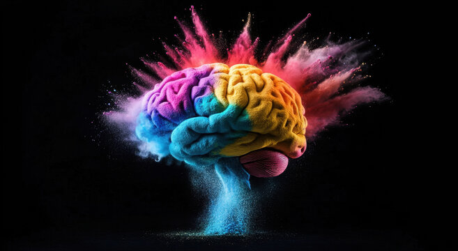 Concept art of a human brain exploding with knowledge and creativity.