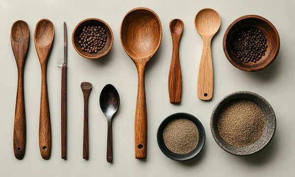 rustic kitchen utensils with bowls of spices like cumin