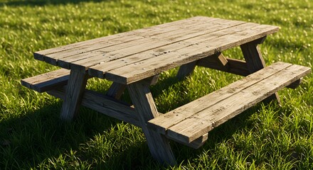 Fototapeta premium Rustic Picnic Table on Green Grass Sunny Day Outdoor Setting