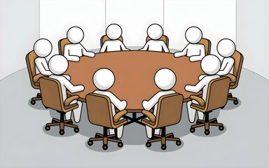 A cartoon illustration shows ten faceless white figures seated around a large brown round table in a lightgrey room. They appear to be in a meeting or conference.