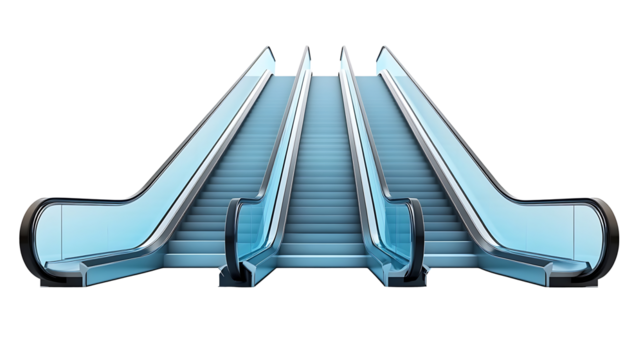Modern escalator system isolated, staircase and stairs moving up, mall floor through building levels, step and lift for transport on white background. created with Generative AI technology. high resol