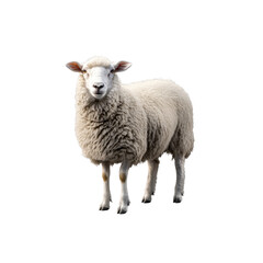 Fototapeta premium A fluffy white sheep standing in isolation on a transparent background, showing its woolly coat and innocent expression