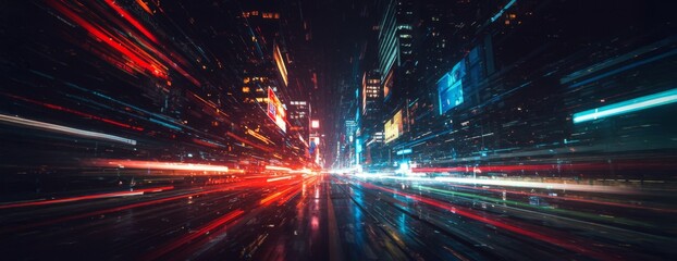 Naklejka premium Cyberpunk Futuristic Cityscape with Neon Lights and Motion Blur at Night