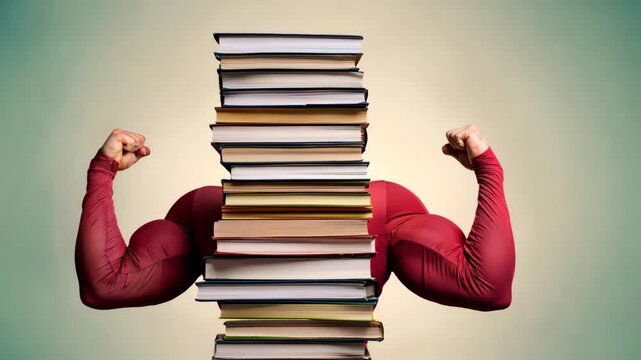 A muscular man with oversized biceps and books for a head represents the union of physical strength and intellectual power, highlighting the idea that true might comes from knowledge.