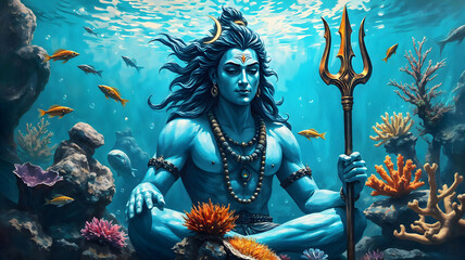 Lord Shiva meditates underwater surrounded by colorful fish and coral reefs. He has blue skin, flowing hair and holds a golden trident in his hand