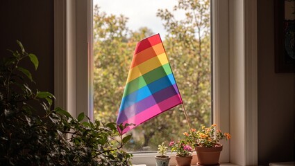 Rainbow pride flag in cozy home window symbolizing LGBTQ acceptance