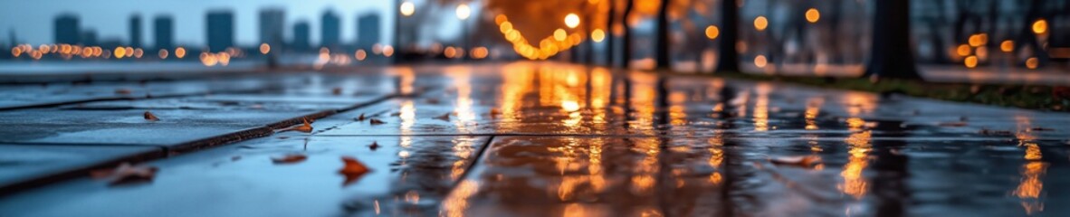 Reflection of city lights on wet pavement during rainy evening stroll along city park walkway
