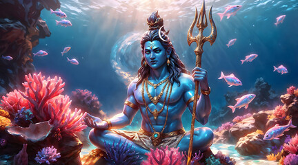 Hindu God Shiva is meditating underwater, surrounded by vibrant marine life and coral reefs. His blue skin glows with divine energy, and he holds a golden trident