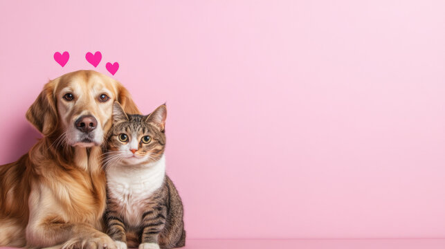 St Valentines Day postcard, Cat and dog hugging each other on color background with drawn hearts
