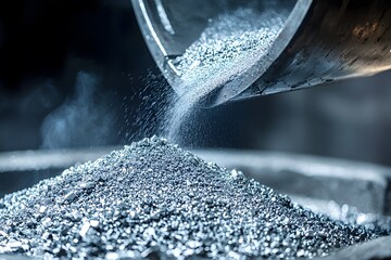 Pouring Metal Granules: Capturing the dynamic process of pouring metal granules, highlighting the texture and industrial precision of the scene.