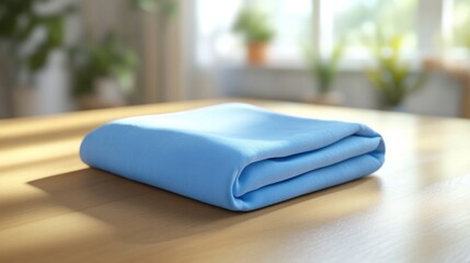 A neatly folded blue cloth resting on a wooden table with soft sunlight illuminating a cozy room