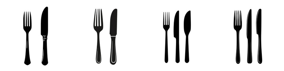 Set of a silhouette of a knife and fork, isolated on a transparent background.