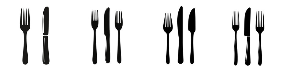 Set of a silhouette of a knife and fork, isolated on a transparent background.